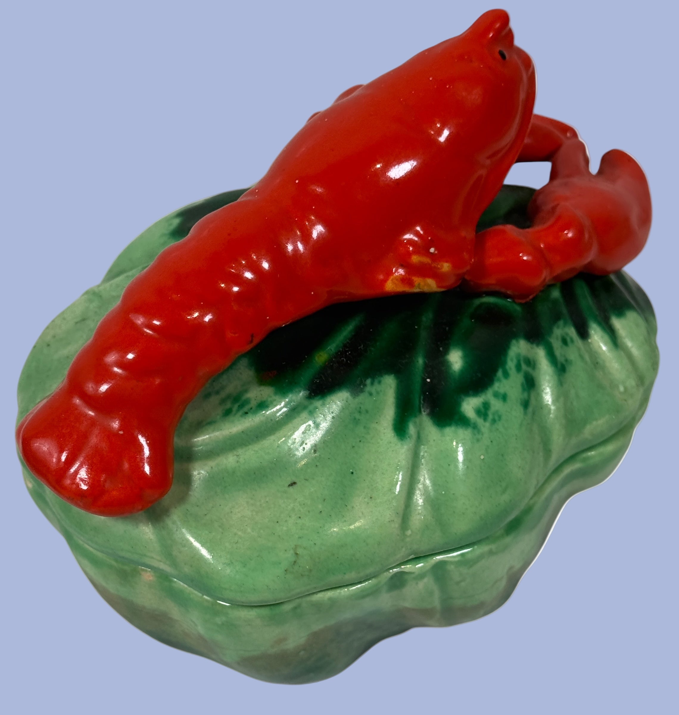 Vintage Hand-Painted Lobster Ceramic Dish – Green Shell Base & Red Lobster Relief (Japan, c.1950s)