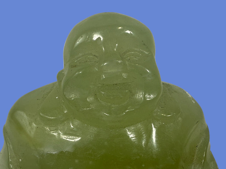Figurine de Bouddha rieur vintage en pierre verte sculptée – Minéral froid au toucher – Probablement de la néphrite ou de la stéatite