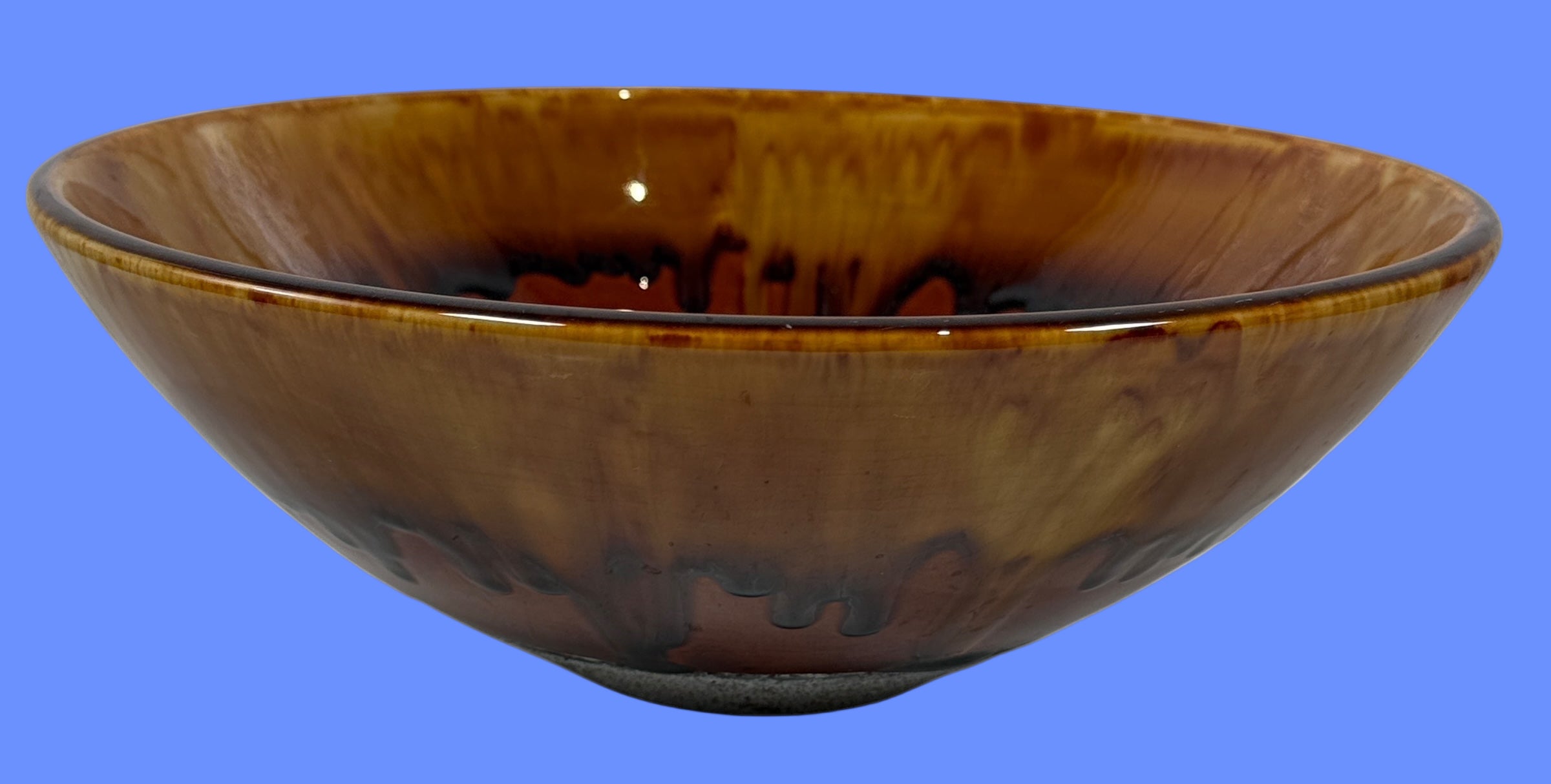 Large 12” Drip-Glaze Pottery Bowl – Amber & Espresso Mid-Century Style
