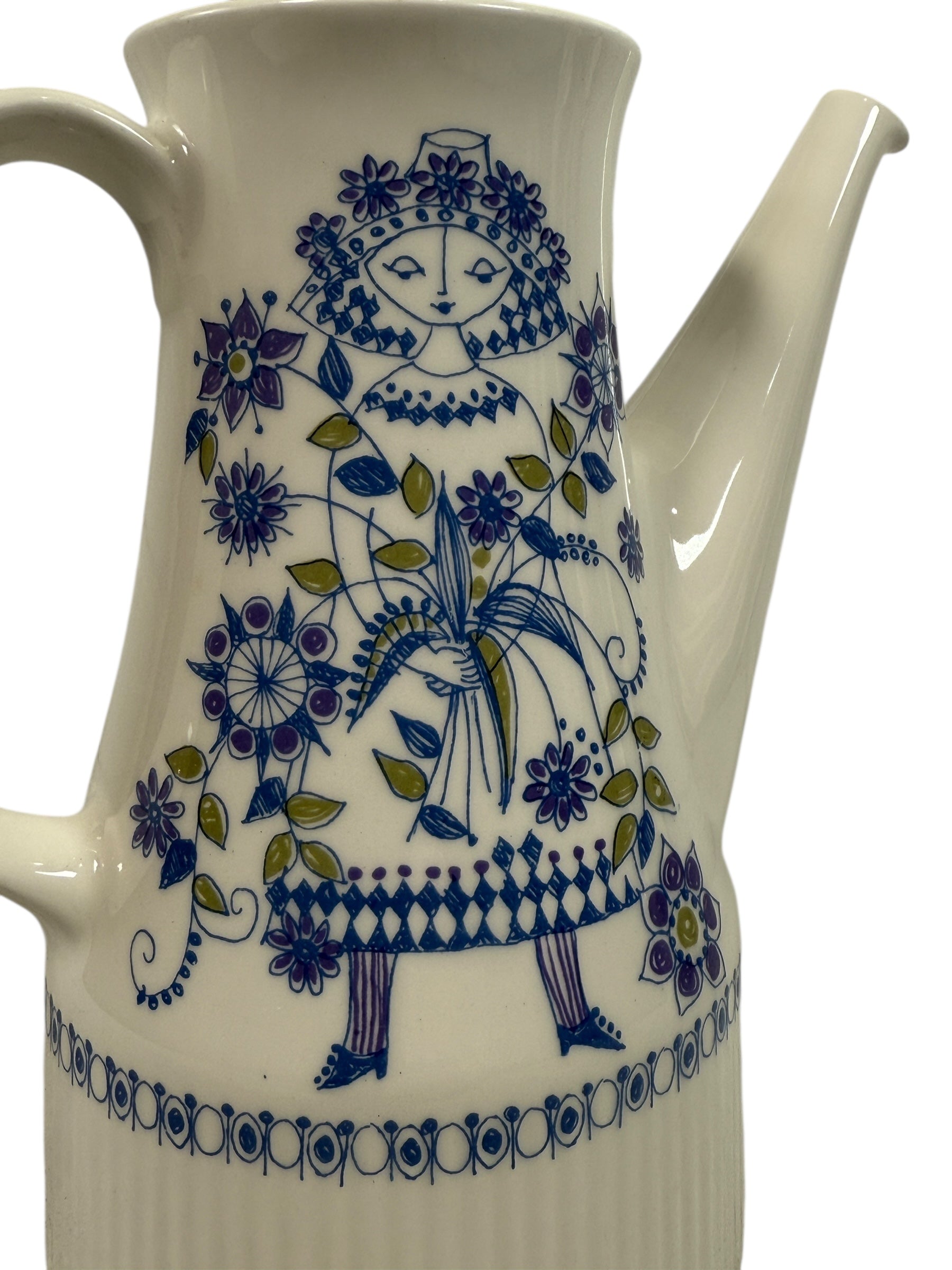 Vintage Lotte Norway Hand-Painted Coffee Pot – Blue Folk Art Woman – 8¼”