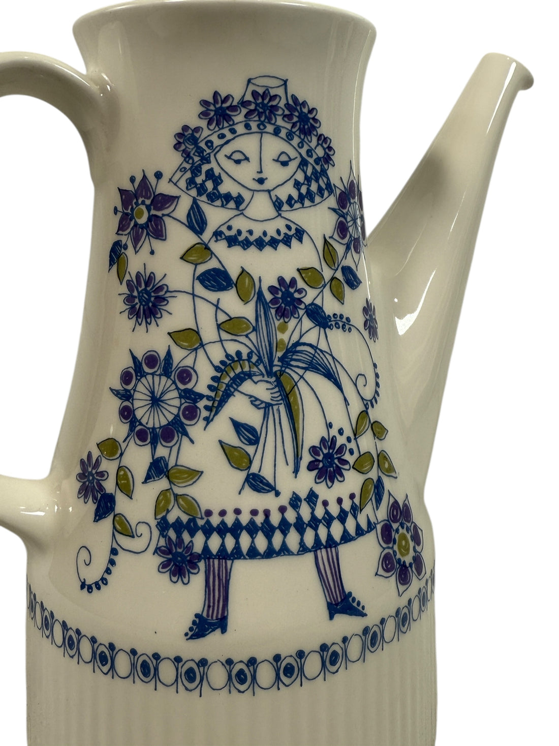 Vintage Lotte Norway Hand-Painted Coffee Pot – Blue Folk Art Woman – 8¼”