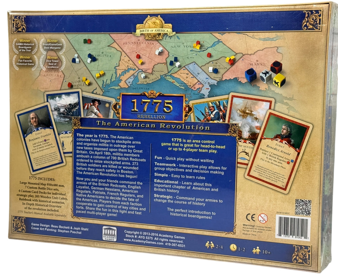 Sealed 1775 Rebellion strategy board game. Revolutionary War area control wargame by Academy Games. 2–4 players. Educational and collectible title.