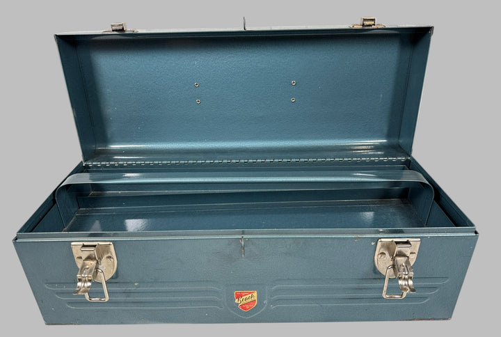 Open blue toolbox with a visible brand logo on a white background