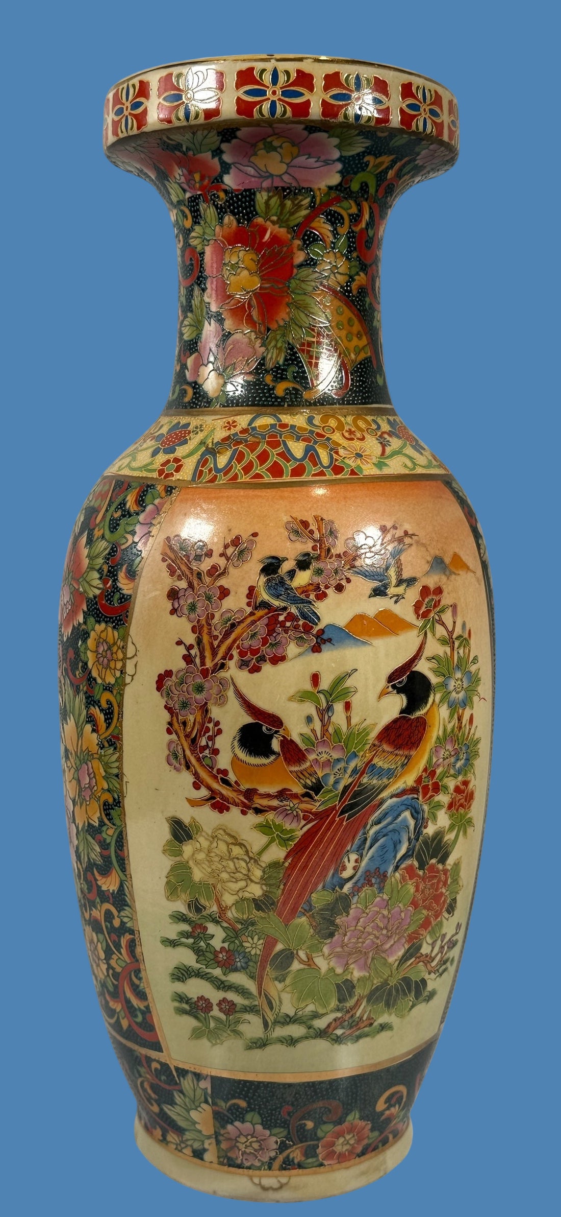 Vintage Japanese Satsuma-Style Floor Vase – Hand-Painted Birds & Florals – 20th Century