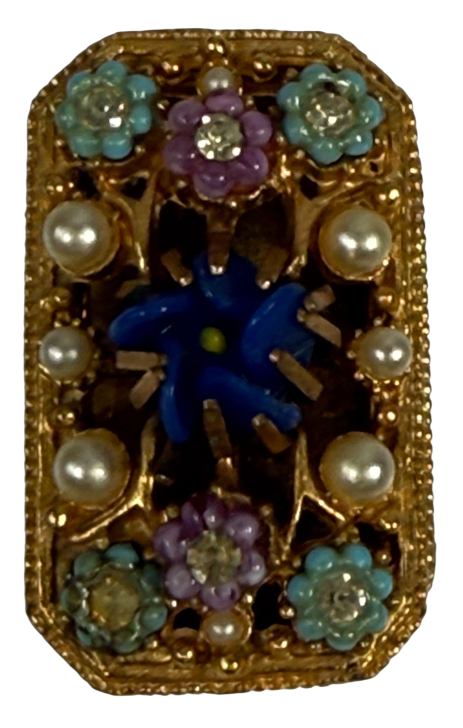 Boîte à pilules/bijoux vintage Florenza dorée ornée – cabochon bleu, fausses perles et fleurs en émail – années 1960