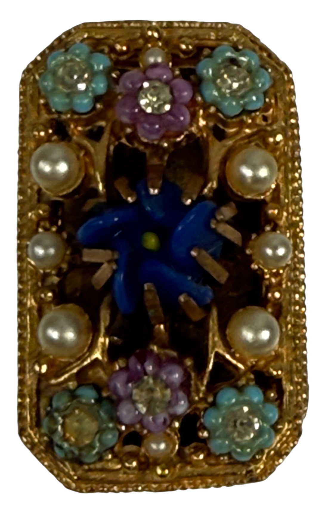 Boîte à pilules/bijoux vintage Florenza dorée ornée – cabochon bleu, fausses perles et fleurs en émail – années 1960