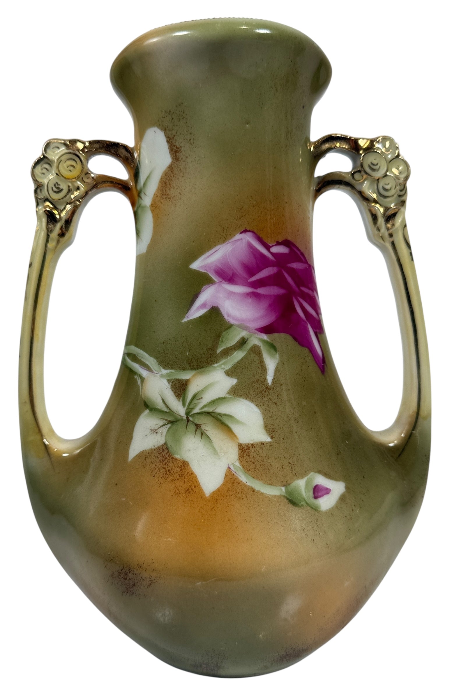 Vase antique japonais peint à la main de 20 cm, motif feuille d'érable, roses dorées