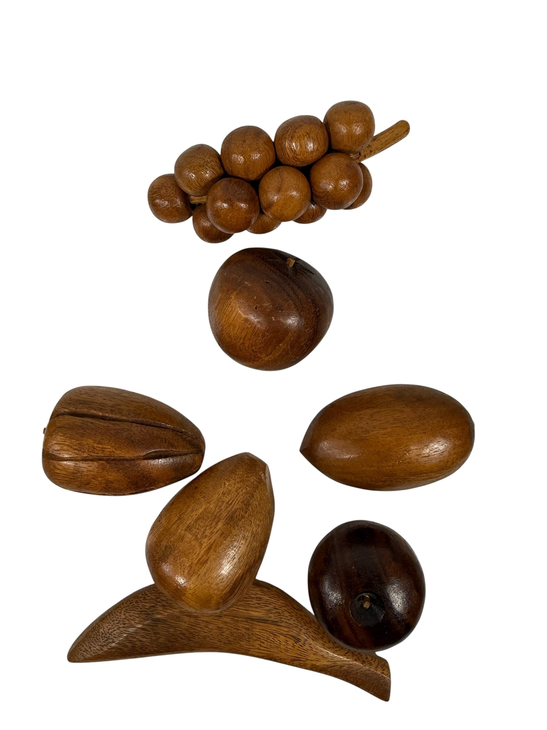 Plateau vintage en bois Monkey Pod avec 7 fruits sculptés à la main – 29,2 cm, décor hawaïen du milieu du siècle