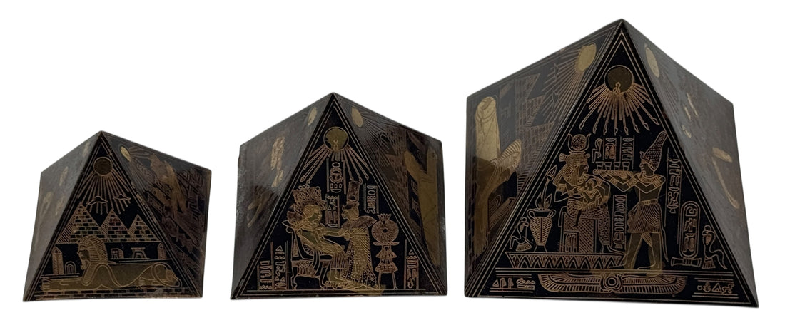 Set of 3 Etched Egyptian Pyramids Ornament Metal Desk decor Vintage