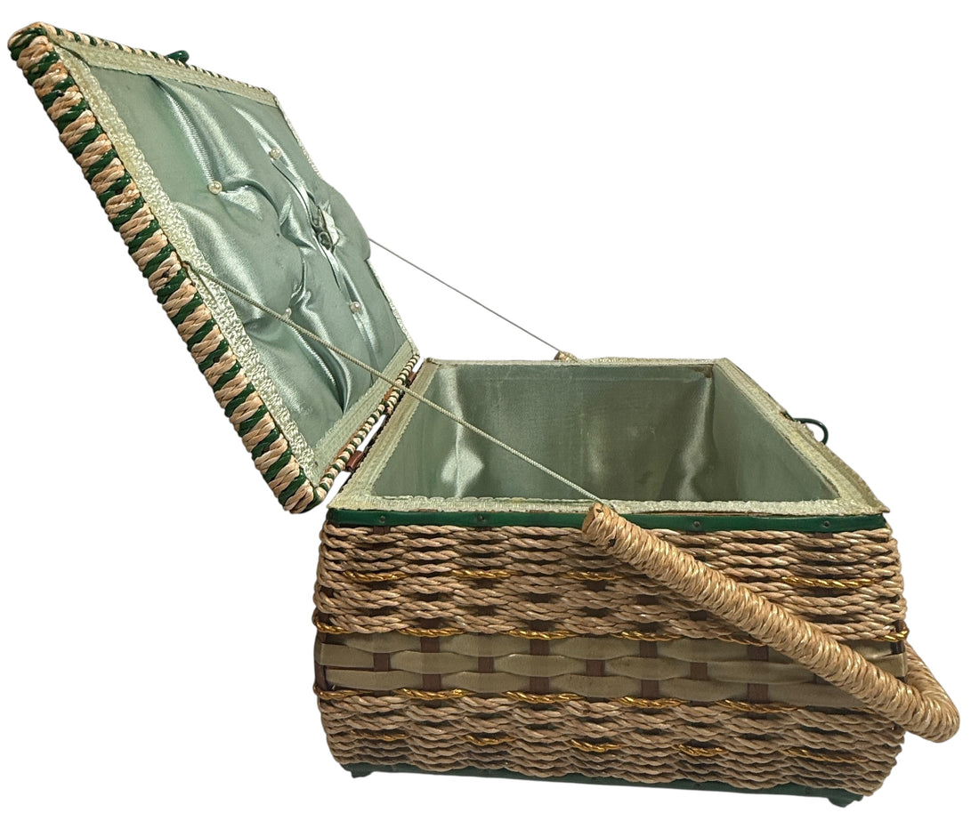 Vintage Mid-Century Woven Sewing Basket – Green Satin Lined Lid with Tufted Buttons