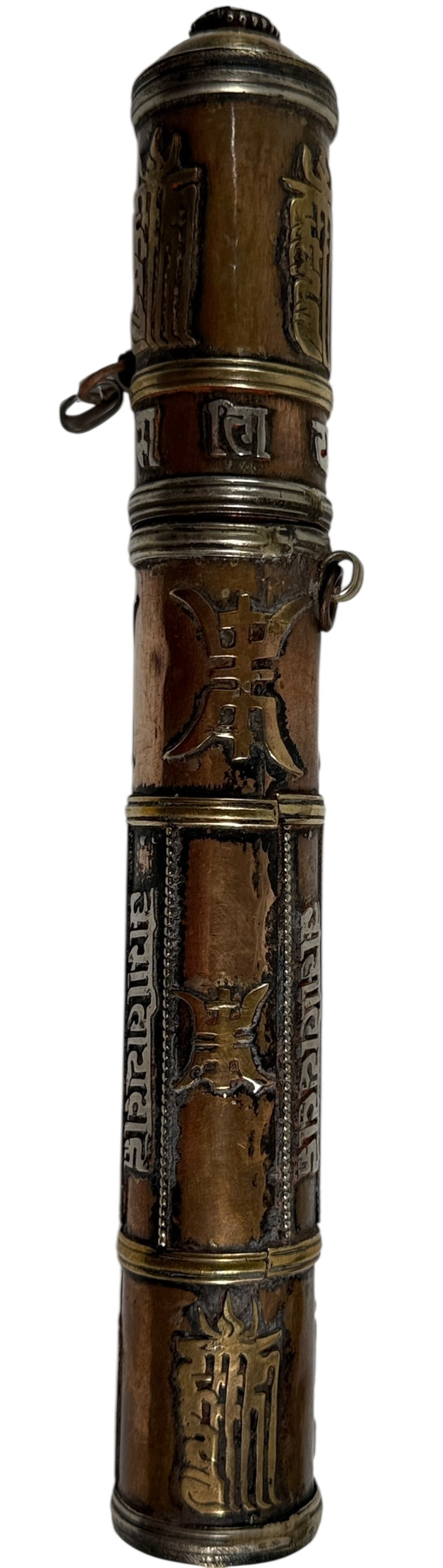 Porte-rouleau de prière bouddhiste tibétain vintage – Cuivre/laiton avec inscription argentée – Pierre manquante