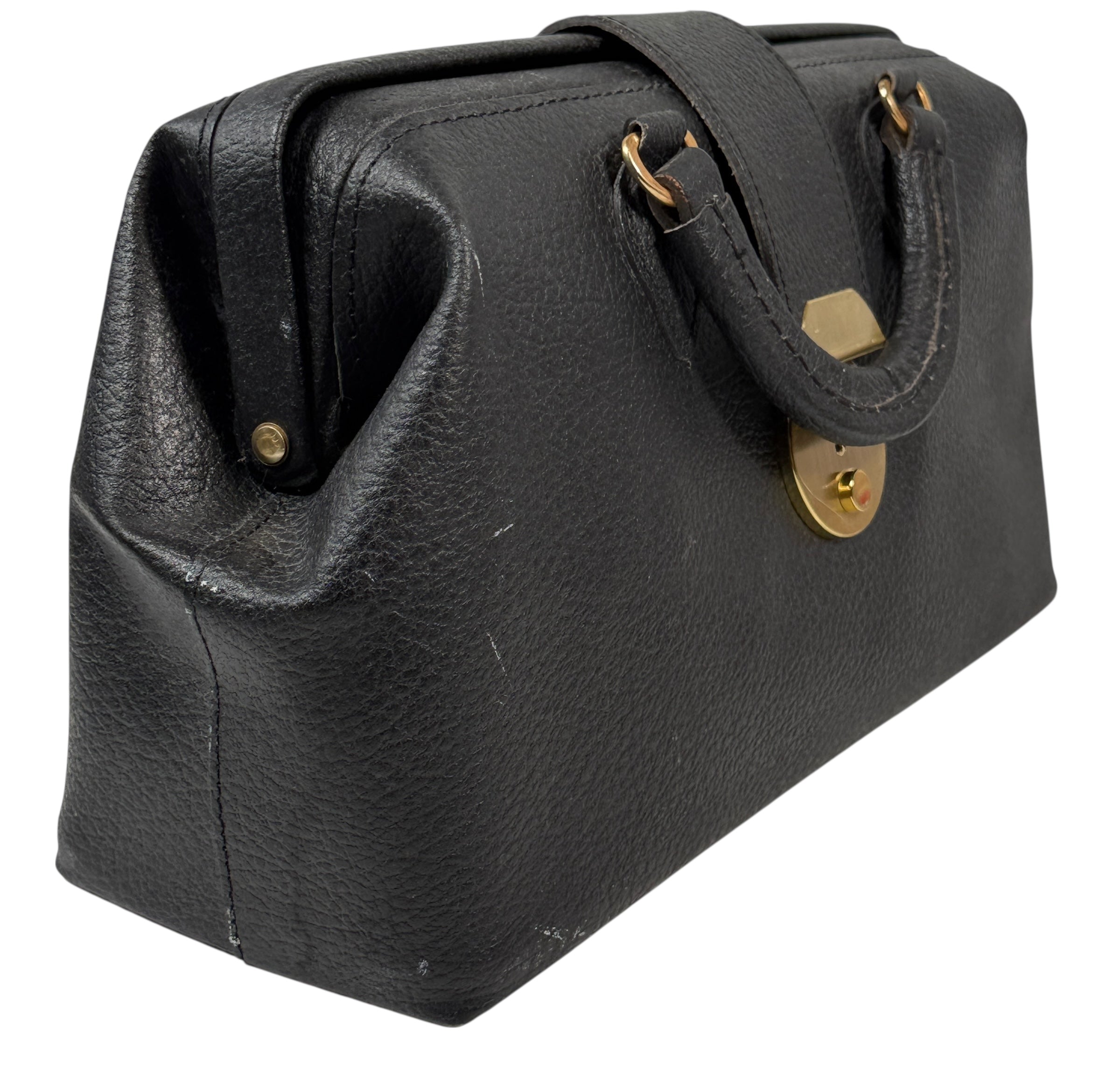 Sac de médecin vintage Almedic en cuir noir – Fermoir en laiton