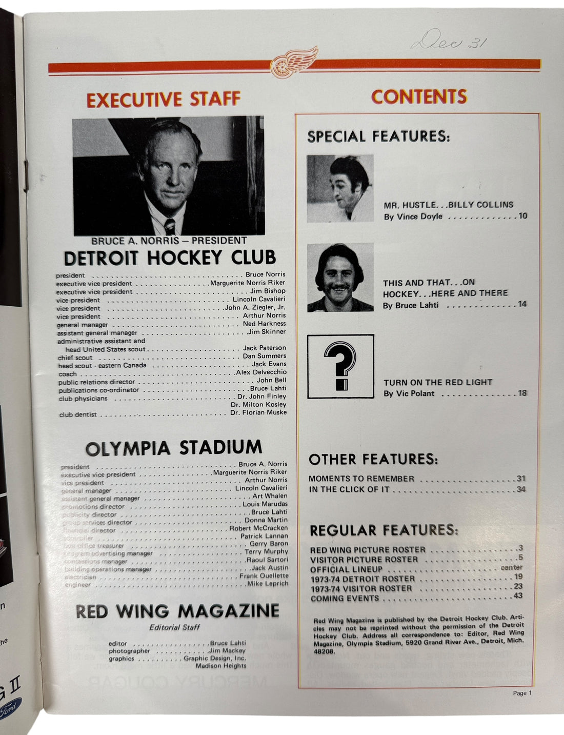 1973 NHL Goal Magazine – Red Wings vs Sabres, Dec 31
