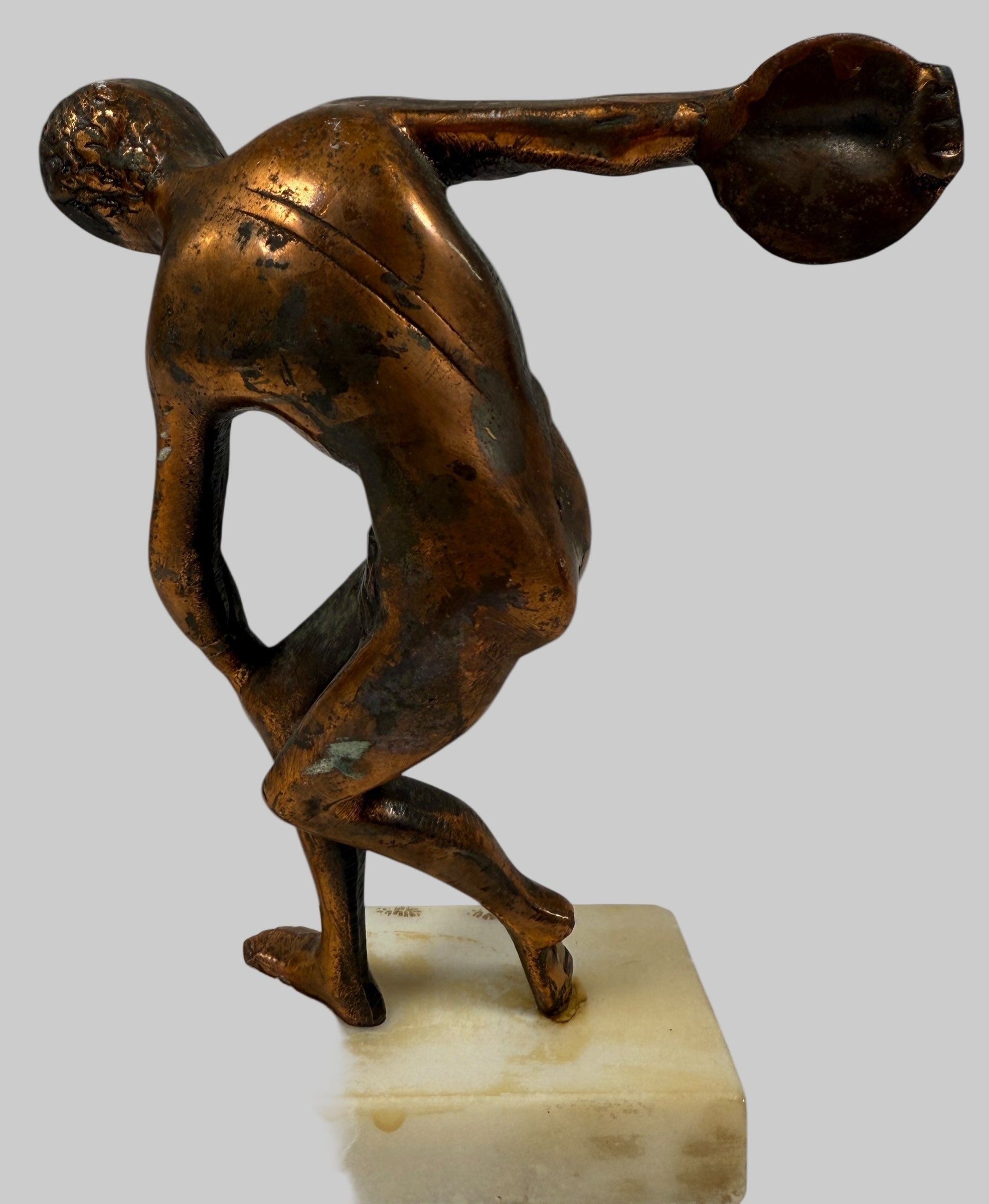 Statue de lanceur de disque grec vintage – Finition bronze sur marbre – (années 1950-1970)