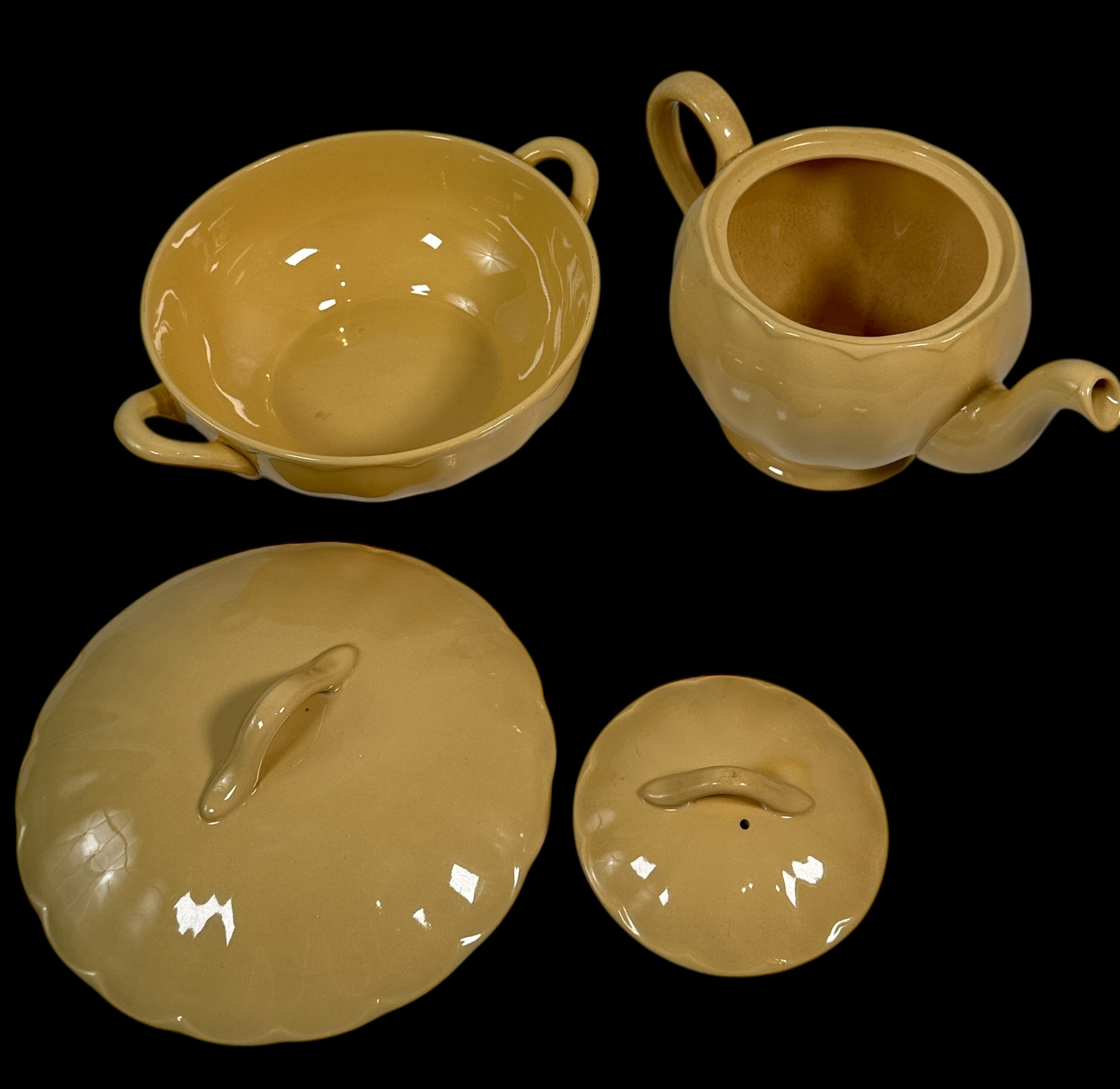 Vintage Grindley England “Laburnum Petal” Yellow Ceramic Set – Teapot, Creamer, Sugar, Covered Vegetable Bowl & Butter Dish