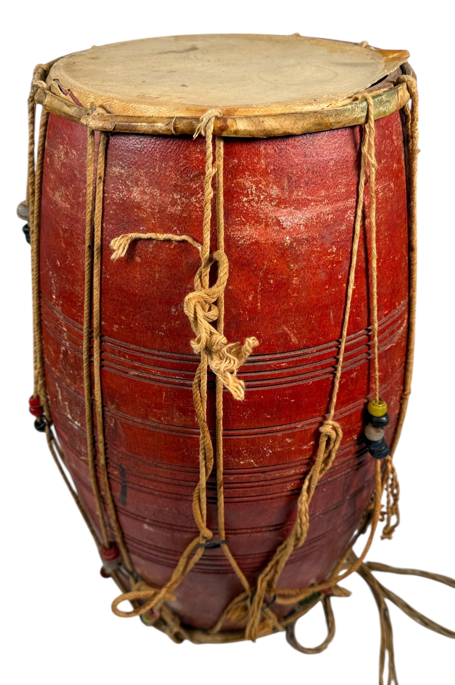 Vintage Handmade Indian Dholak Barrel Drum – Red Lacquer Finish, Rope-Tuned