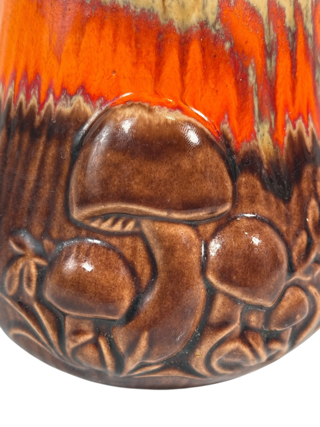 Vintage 1970s Mushroom Canister – 8½” Ceramic Jar – Retro Orange & Brown Drip Glaze