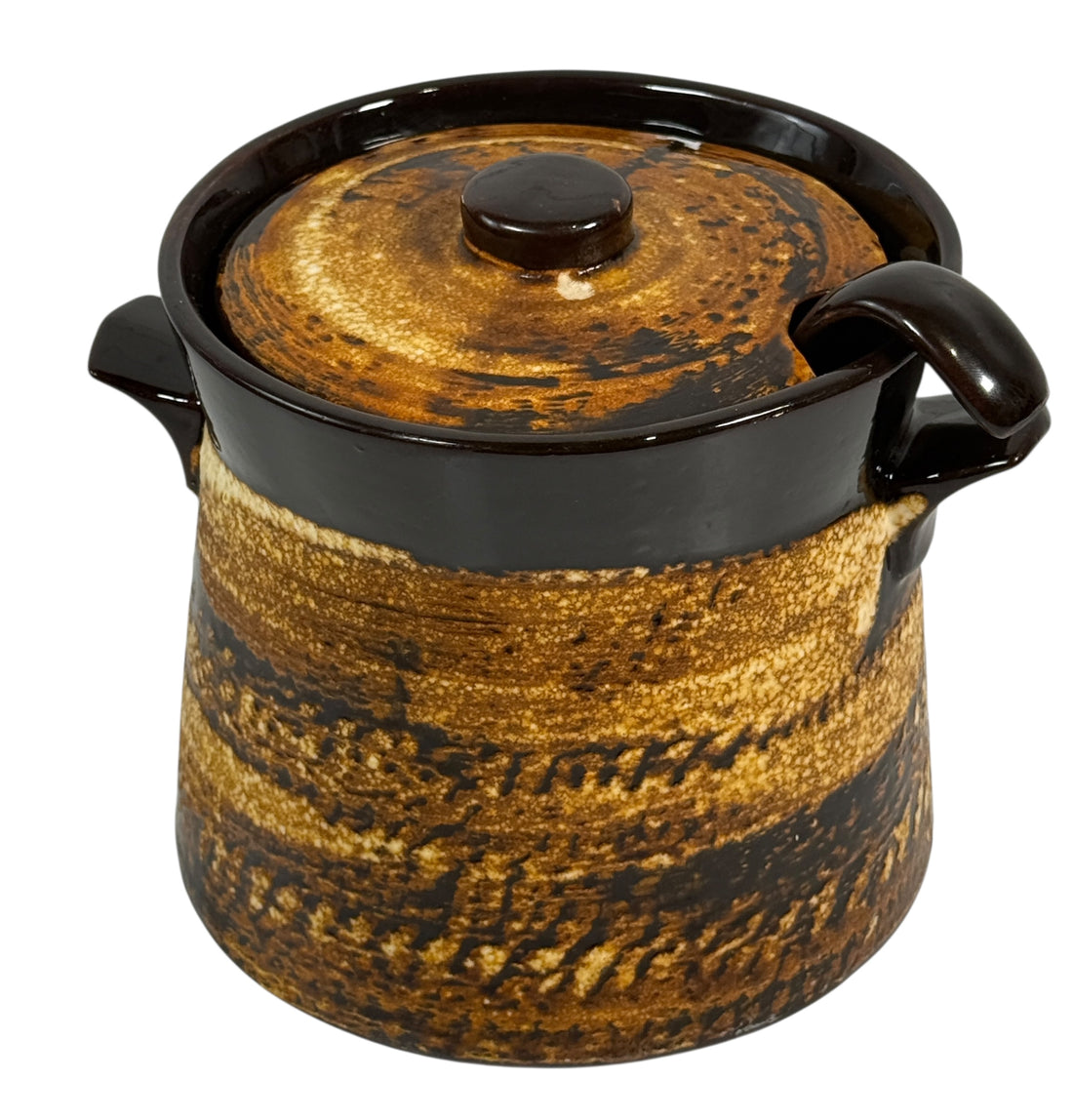 Artisan Pottery Bean Pot with Lid – Canadian Stoneware, Brown Drip Glaze, Marked 8630