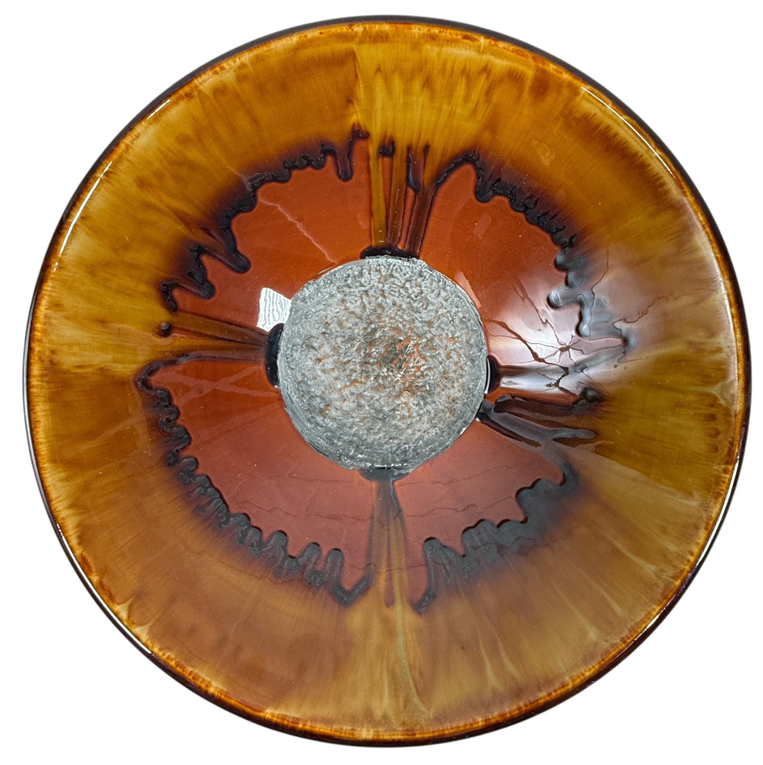 Large 12” Drip-Glaze Pottery Bowl – Amber & Espresso Mid-Century Style