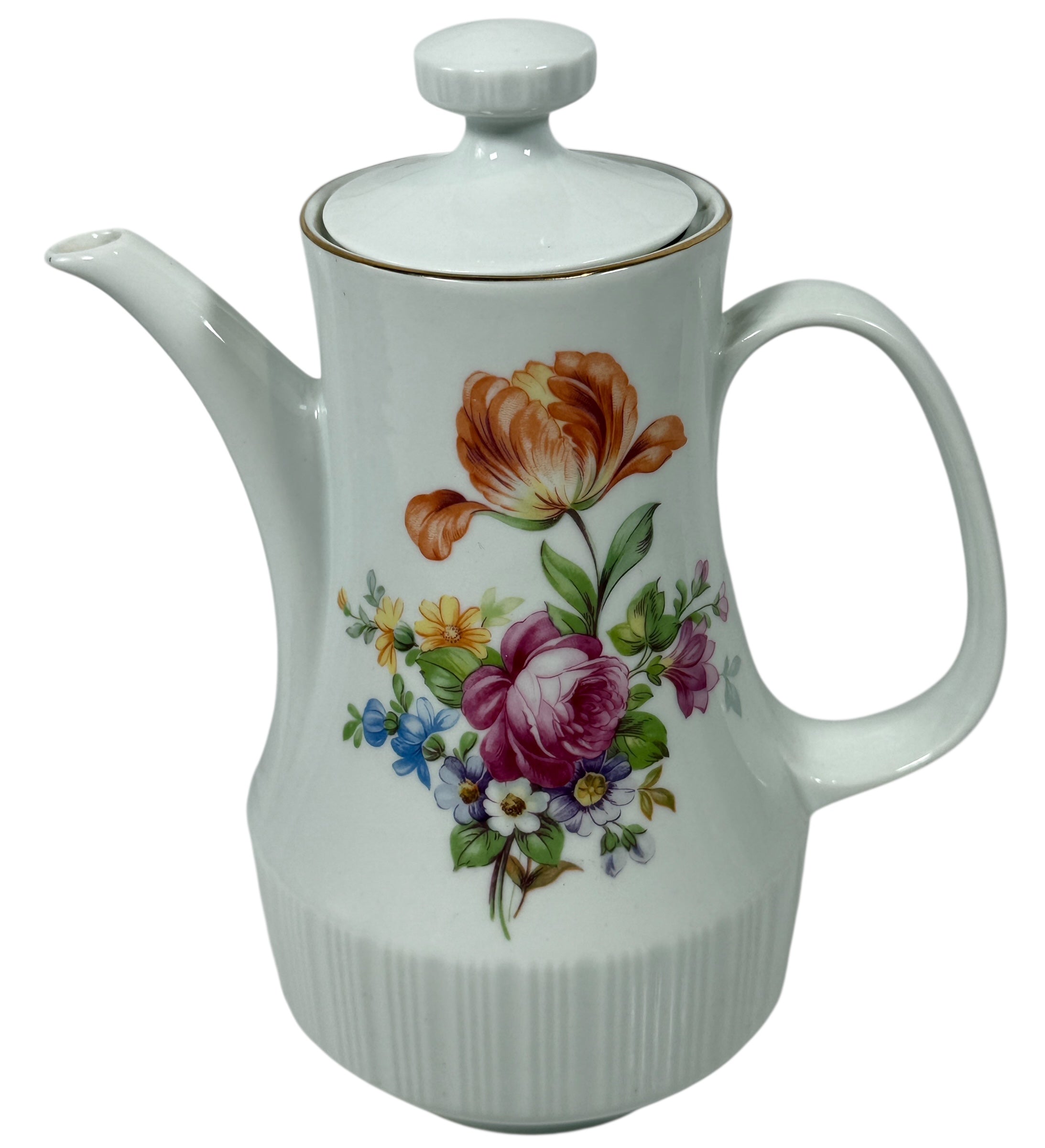 Cafetière en porcelaine allemande du milieu du siècle – Bordure florale dorée, base nervurée