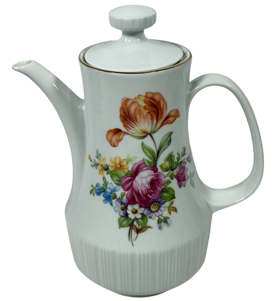 Cafetière en porcelaine allemande du milieu du siècle – Bordure florale dorée, base nervurée