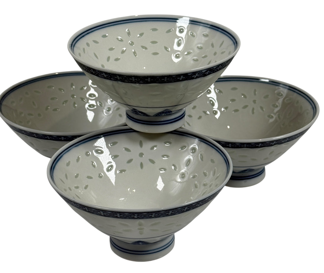 Ensemble de tasses à riz et à saké en porcelaine japonaise – Motif pétales bleus réticulés (7 pièces)