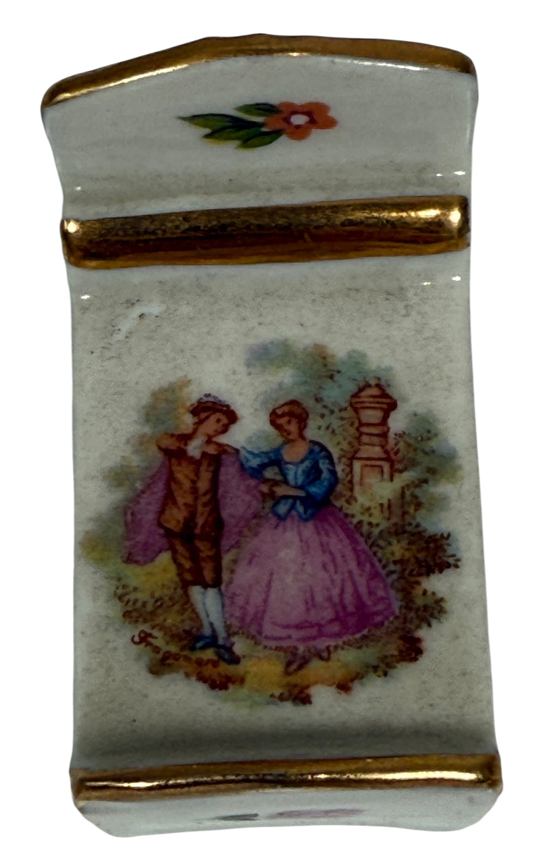 Ensemble de meubles miniatures vintage en porcelaine de Limoges, France, pour maison de poupée – Peints à la main avec bordure dorée
