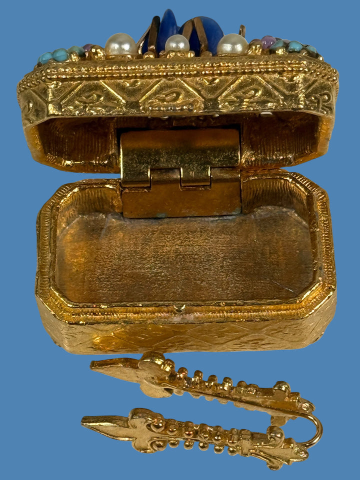 Vintage Florenza Ornate Gold-Tone Pill / Trinket Box – Blue Cabochon, Faux Pearls & Enamel Flowers – 1960s