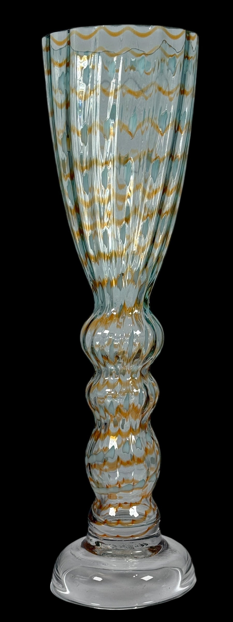 Large 15.5” Murano-Style Art Glass Vase – Gold & Enamel Optic Ribbed – Handblown Studio Glass