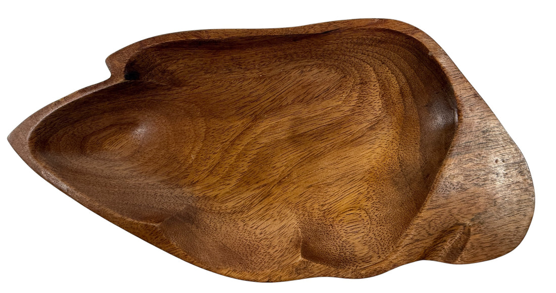 Plateau vintage en bois Monkey Pod avec 7 fruits sculptés à la main – 29,2 cm, décor hawaïen du milieu du siècle