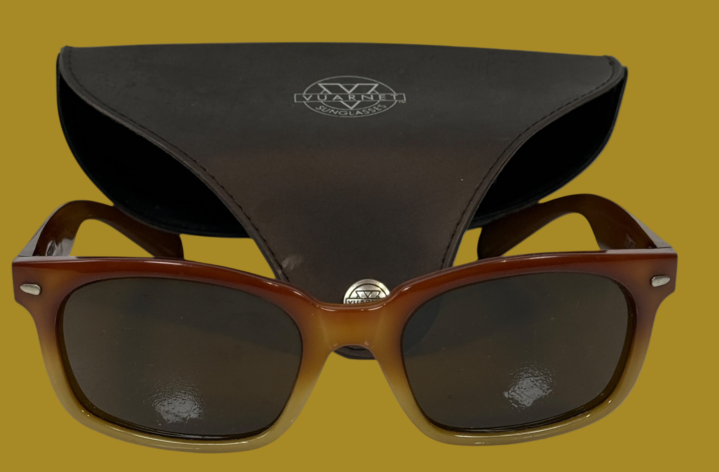 Vintage Pouilloux Sunglasses with Case – Amber Acetate Frame, P Logo Hinges, Made in France