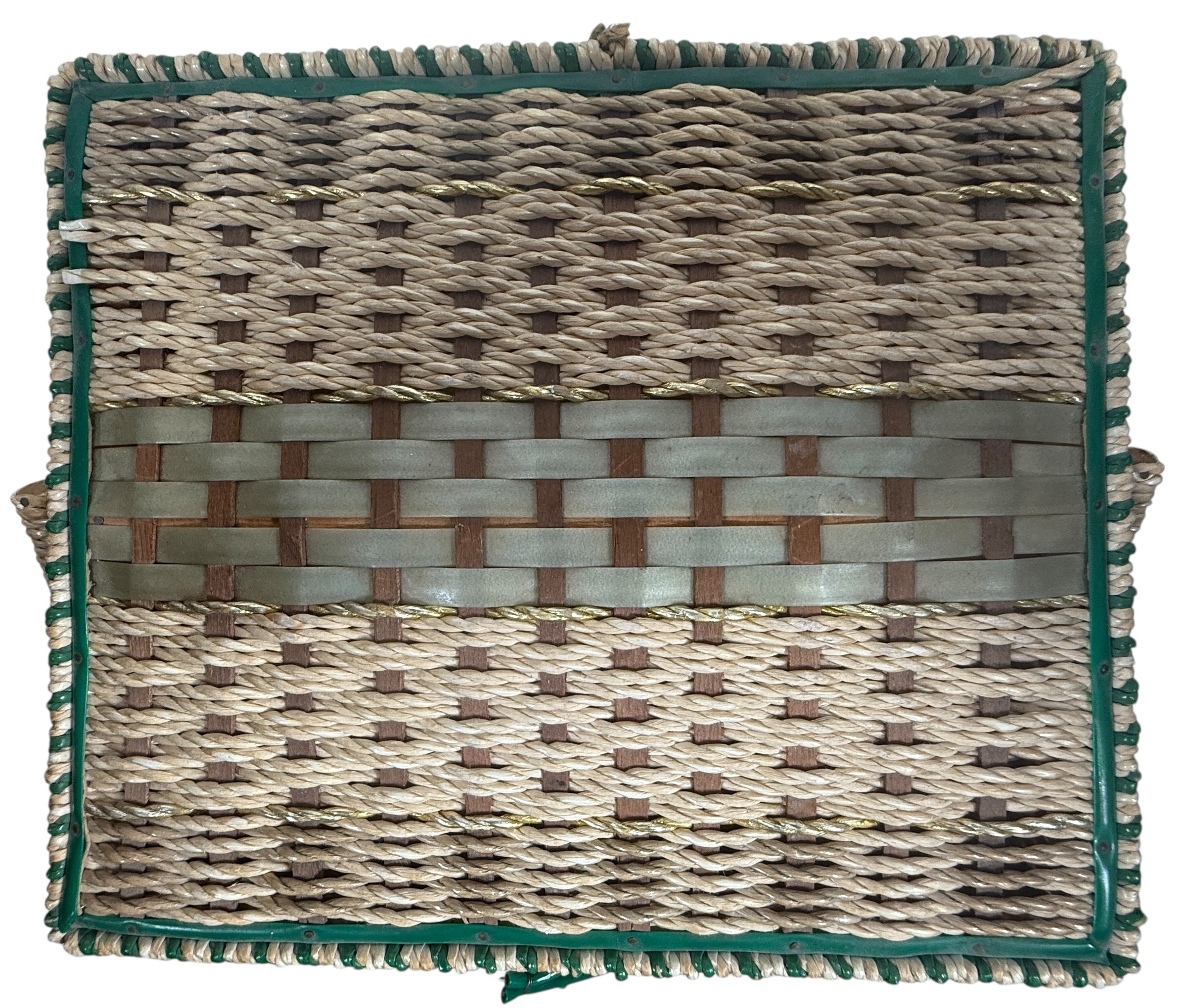 Vintage Mid-Century Woven Sewing Basket – Green Satin Lined Lid with Tufted Buttons