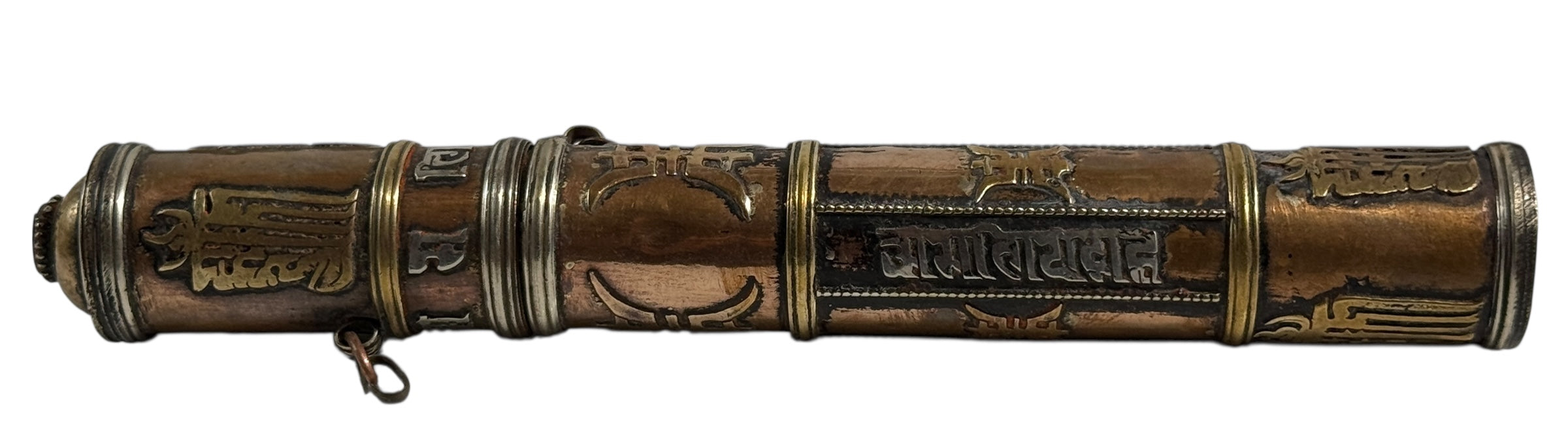 Porte-rouleau de prière bouddhiste tibétain vintage – Cuivre/laiton avec inscription argentée – Pierre manquante