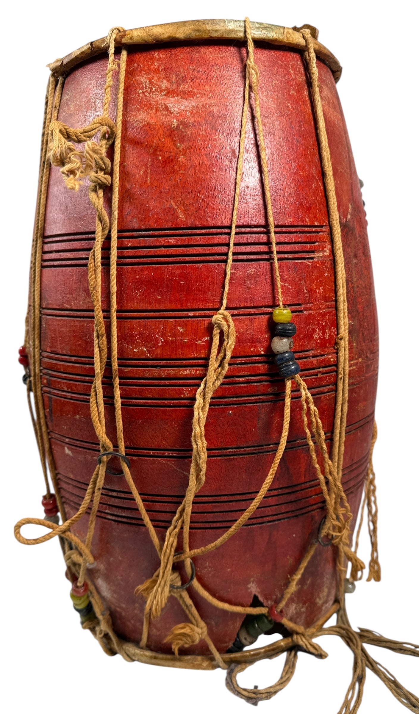 Vintage Handmade Indian Dholak Barrel Drum – Red Lacquer Finish, Rope-Tuned