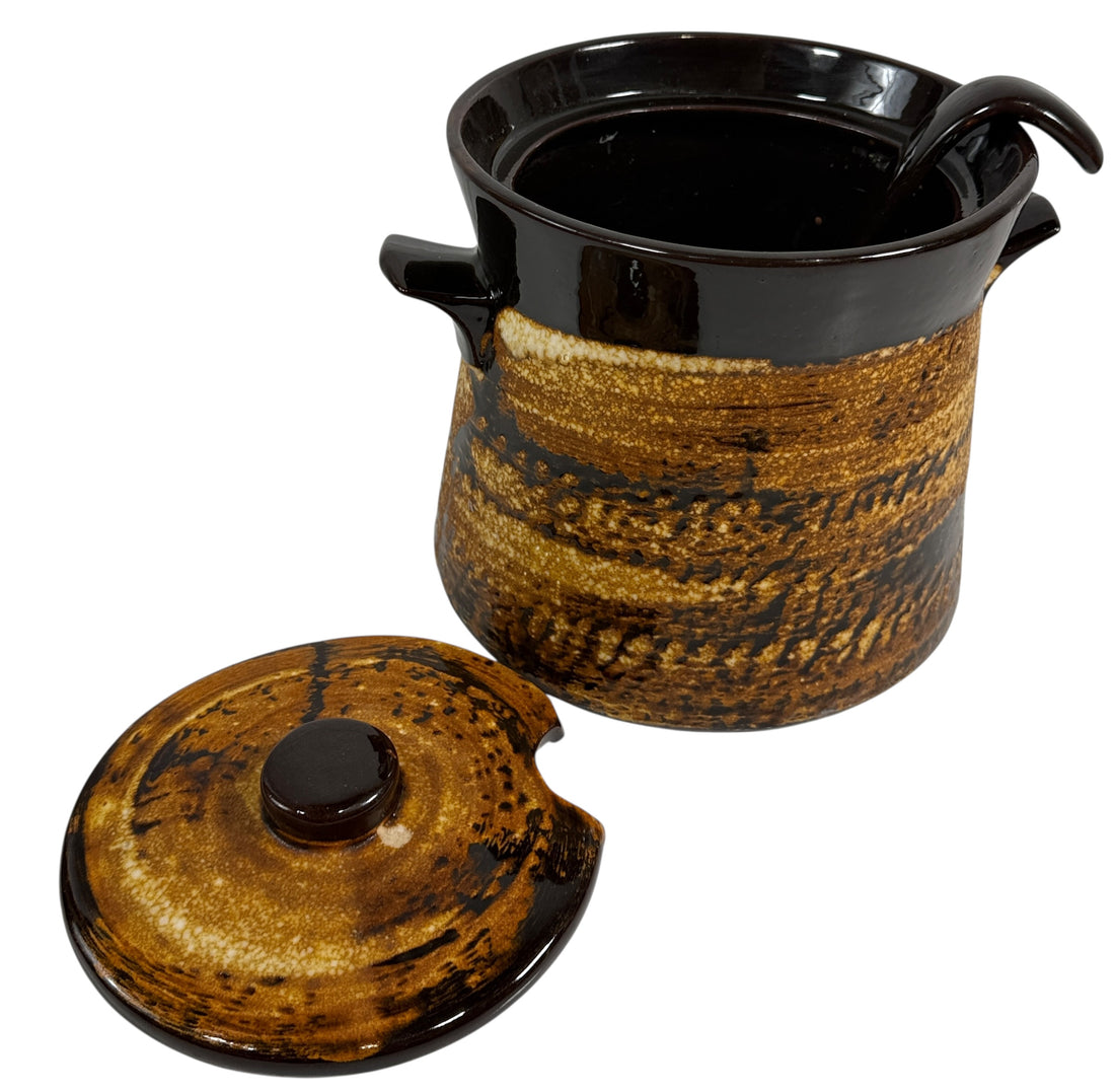 Artisan Pottery Bean Pot with Lid – Canadian Stoneware, Brown Drip Glaze, Marked 8630