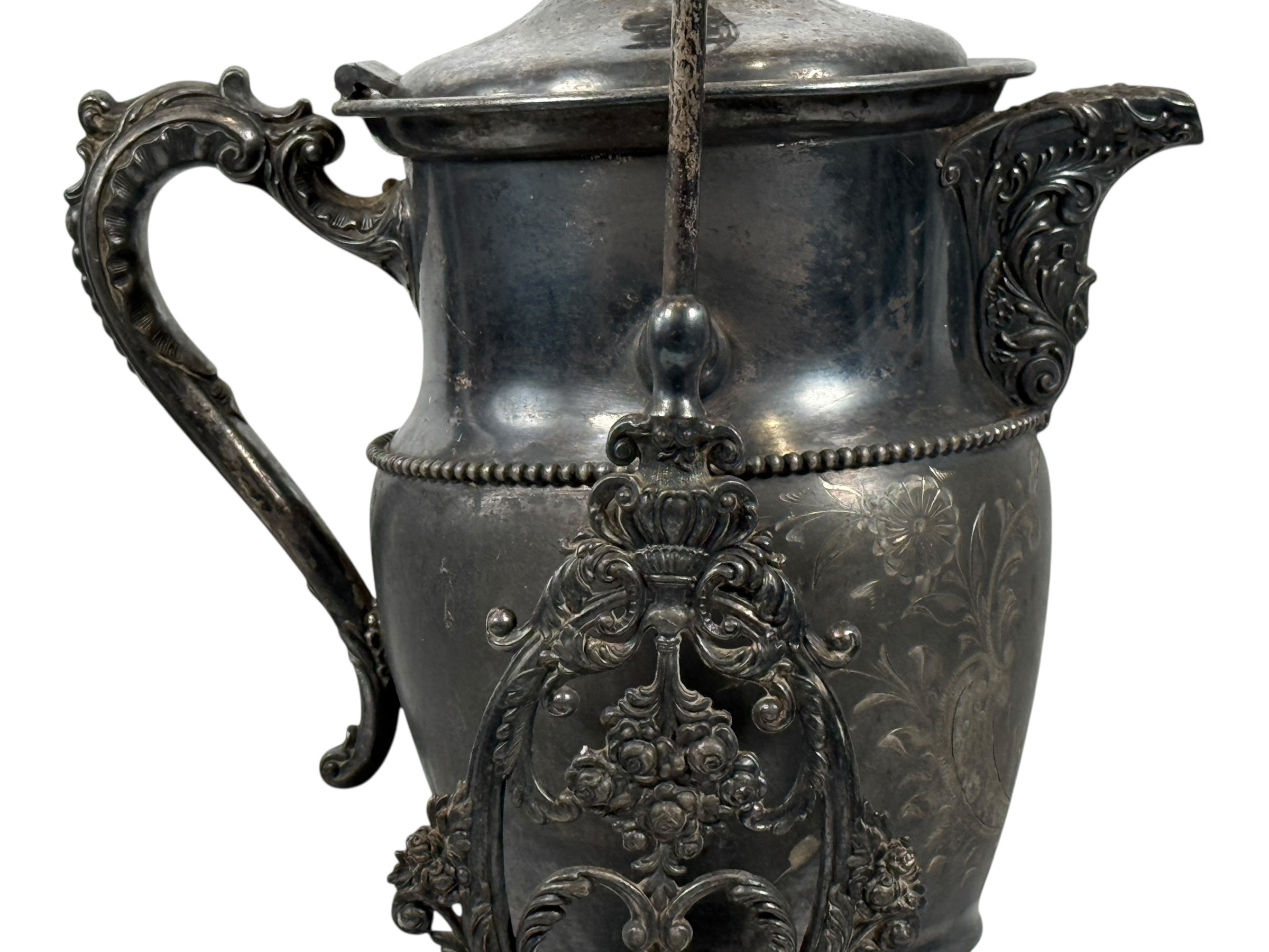 Bouilloire inclinable victorienne en métal argenté sur pied – Gravure florale, Toronto, Canada