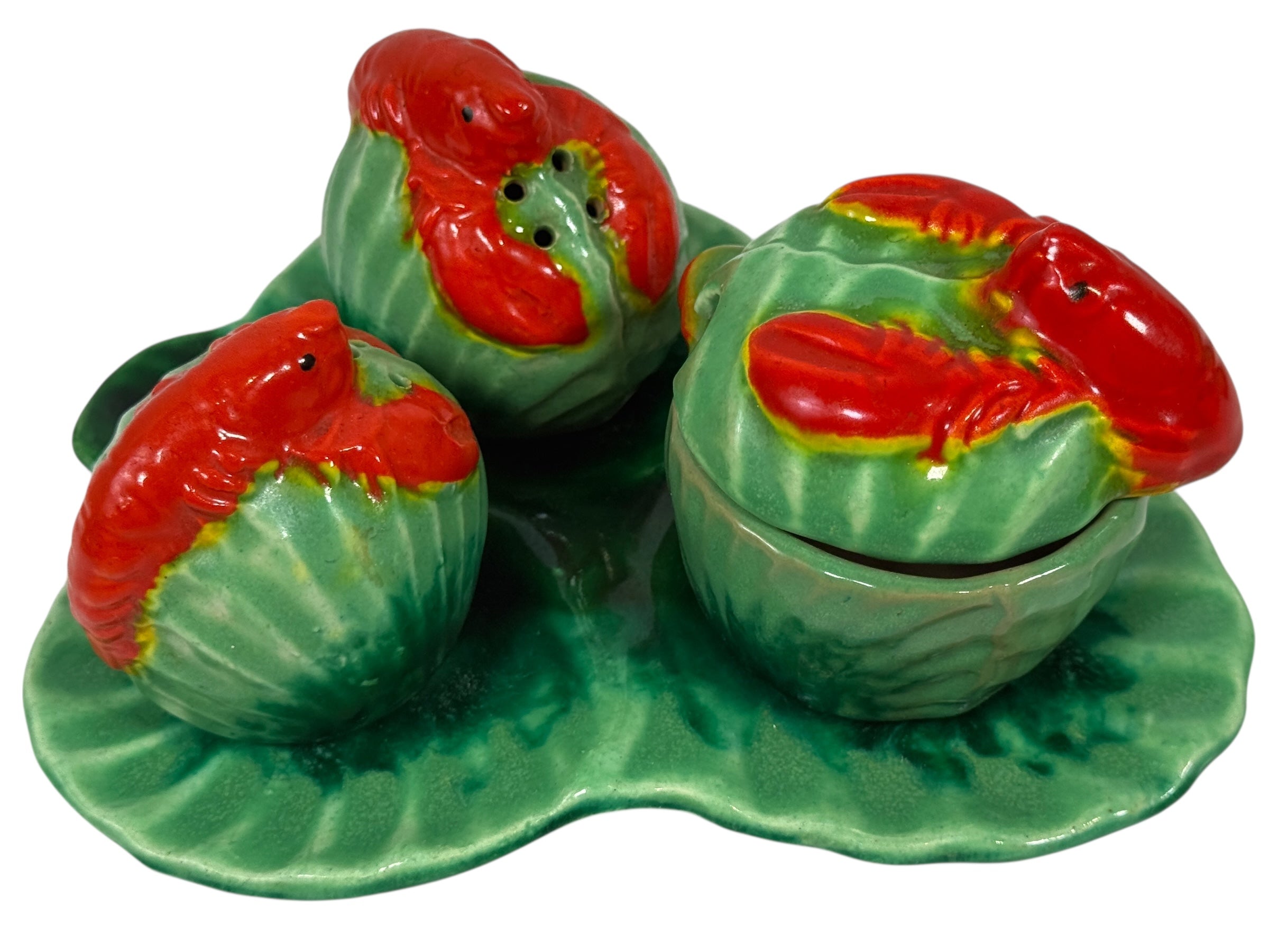 Vintage Hand-Painted Lobster Ceramic Dish – Green Shell Base & Red Lobster Relief (Japan, c.1950s)