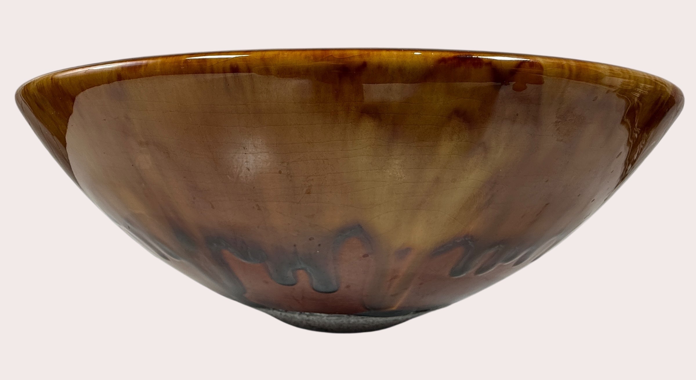 Large 12” Drip-Glaze Pottery Bowl – Amber & Espresso Mid-Century Style