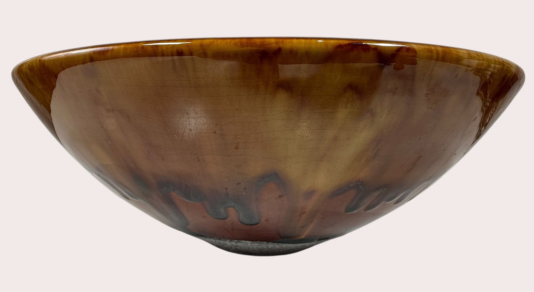 Large 12” Drip-Glaze Pottery Bowl – Amber & Espresso Mid-Century Style