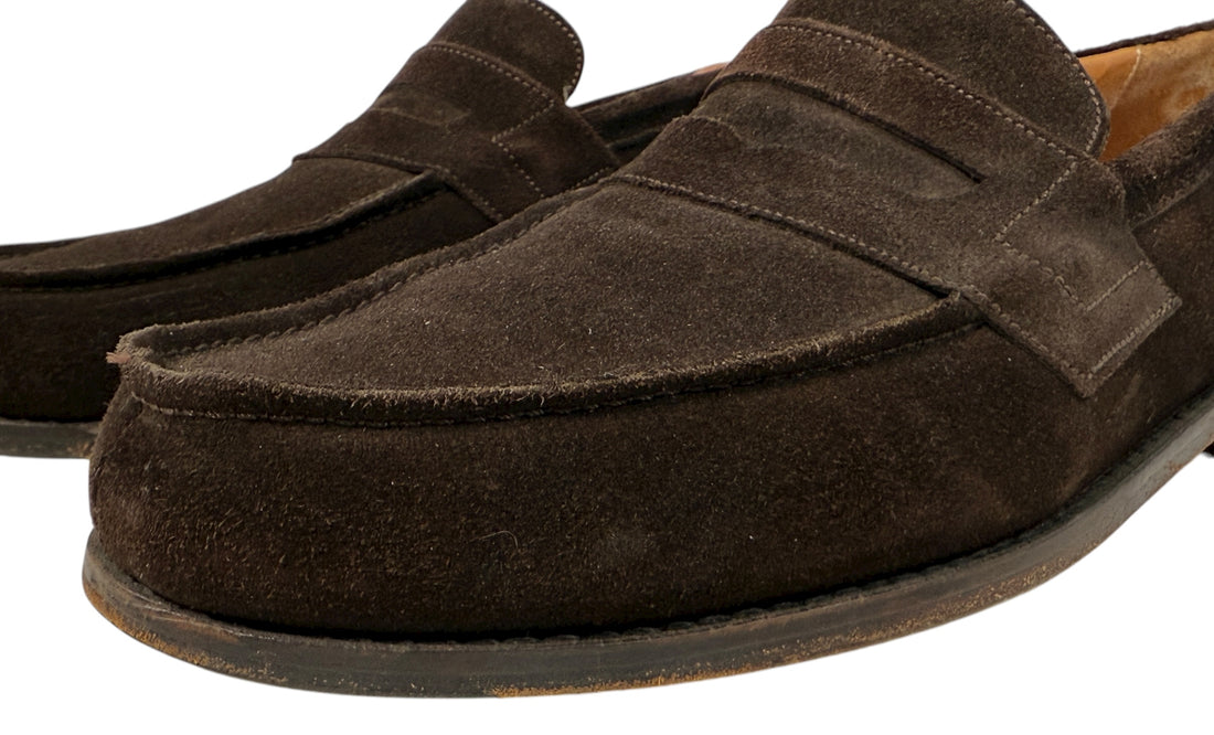 Vintage Joseph Malinge brown suede loafers, handmade in France. Elegant European craftsmanship in excellent condition, available from Eco Depot Montreal.