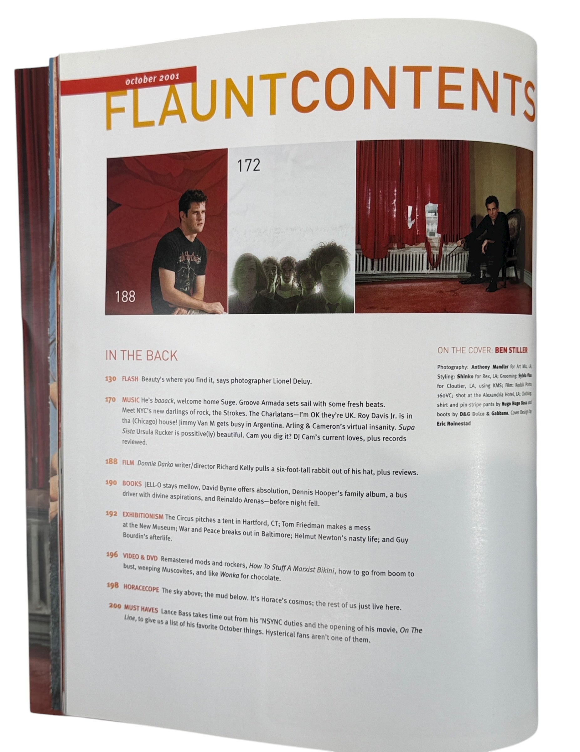 Vintage Flaunt Magazine Oct 2001 with Ben Stiller cover and Leonard Cohen feature. VG+ with original You Glow Ghoul insert. Collectible early 2000s issue.