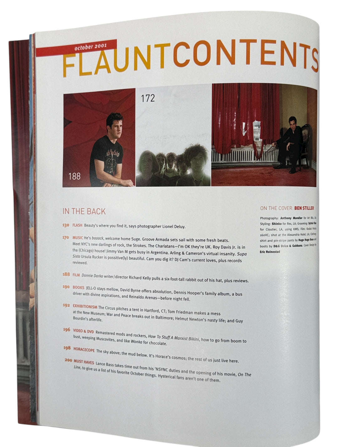 Vintage Flaunt Magazine Oct 2001 with Ben Stiller cover and Leonard Cohen feature. VG+ with original You Glow Ghoul insert. Collectible early 2000s issue.