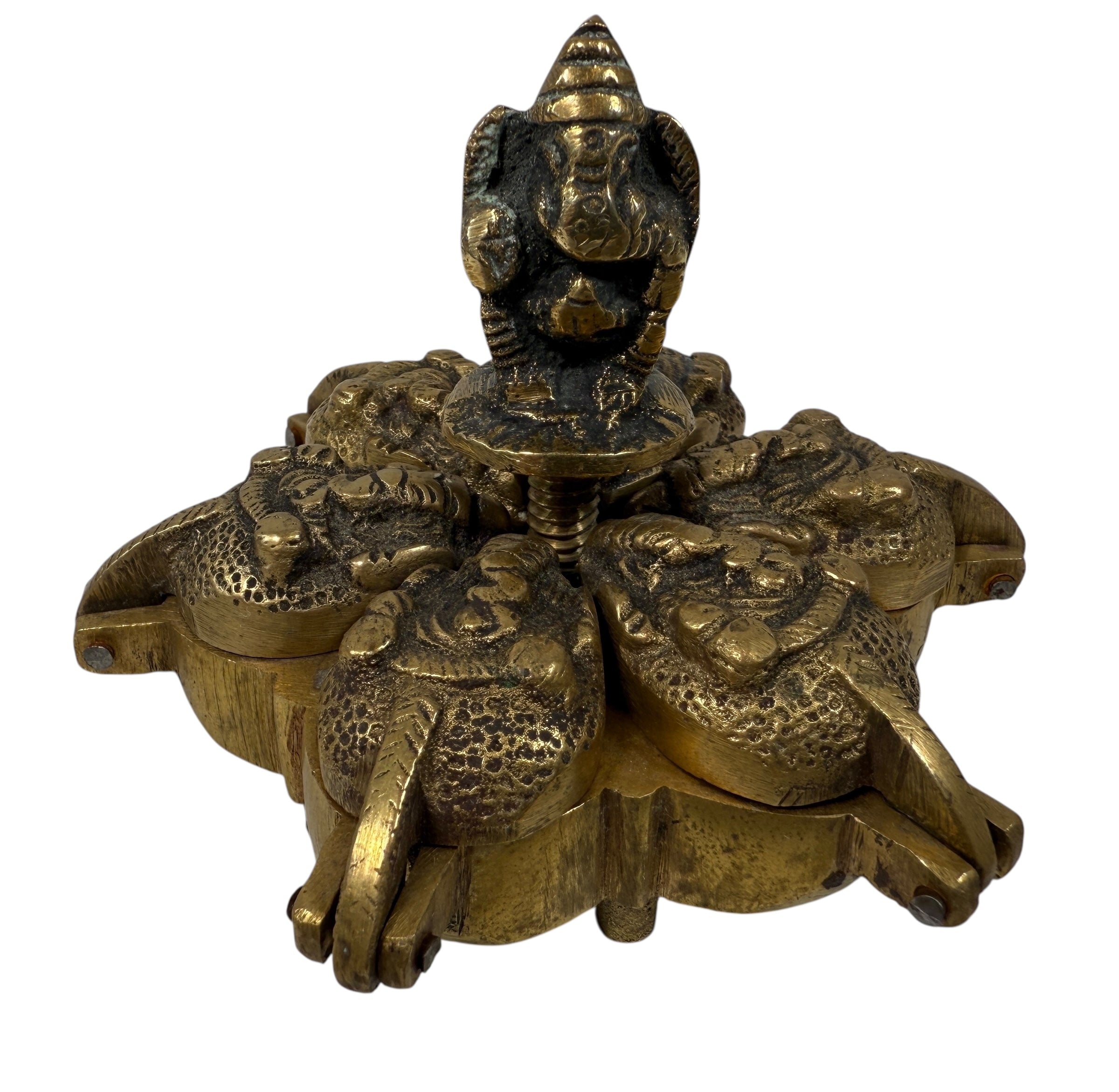 Vintage Indian Brass Folding Incense Burner – Six-Compartment Ganesha Lotus