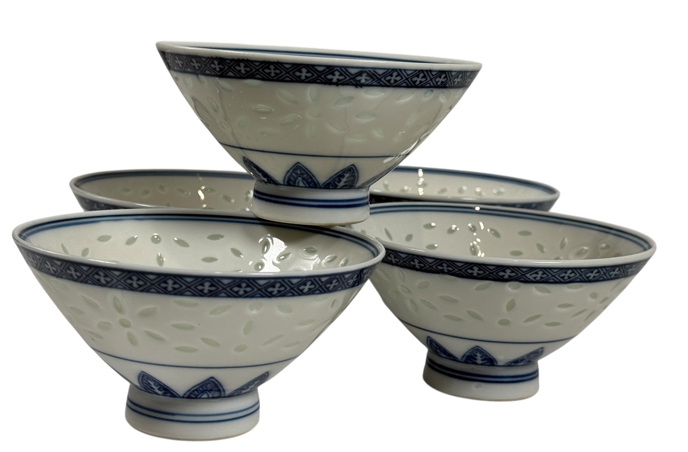 Ensemble de tasses à riz et à saké en porcelaine japonaise – Motif pétales bleus réticulés (7 pièces)
