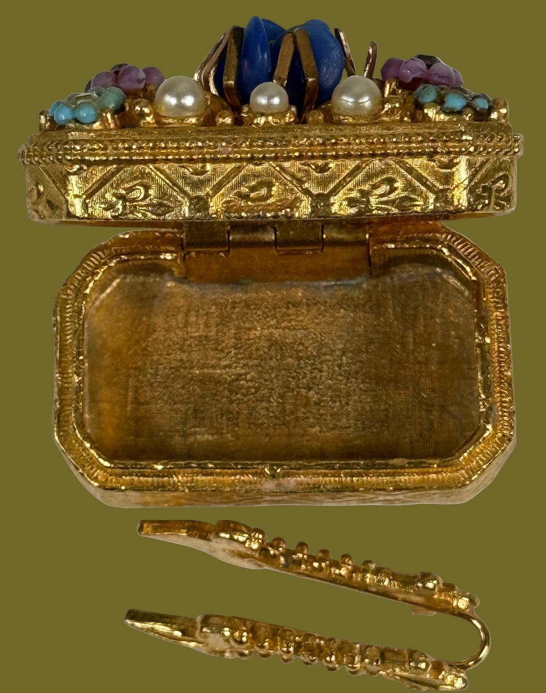 Boîte à pilules/bijoux vintage Florenza dorée ornée – cabochon bleu, fausses perles et fleurs en émail – années 1960