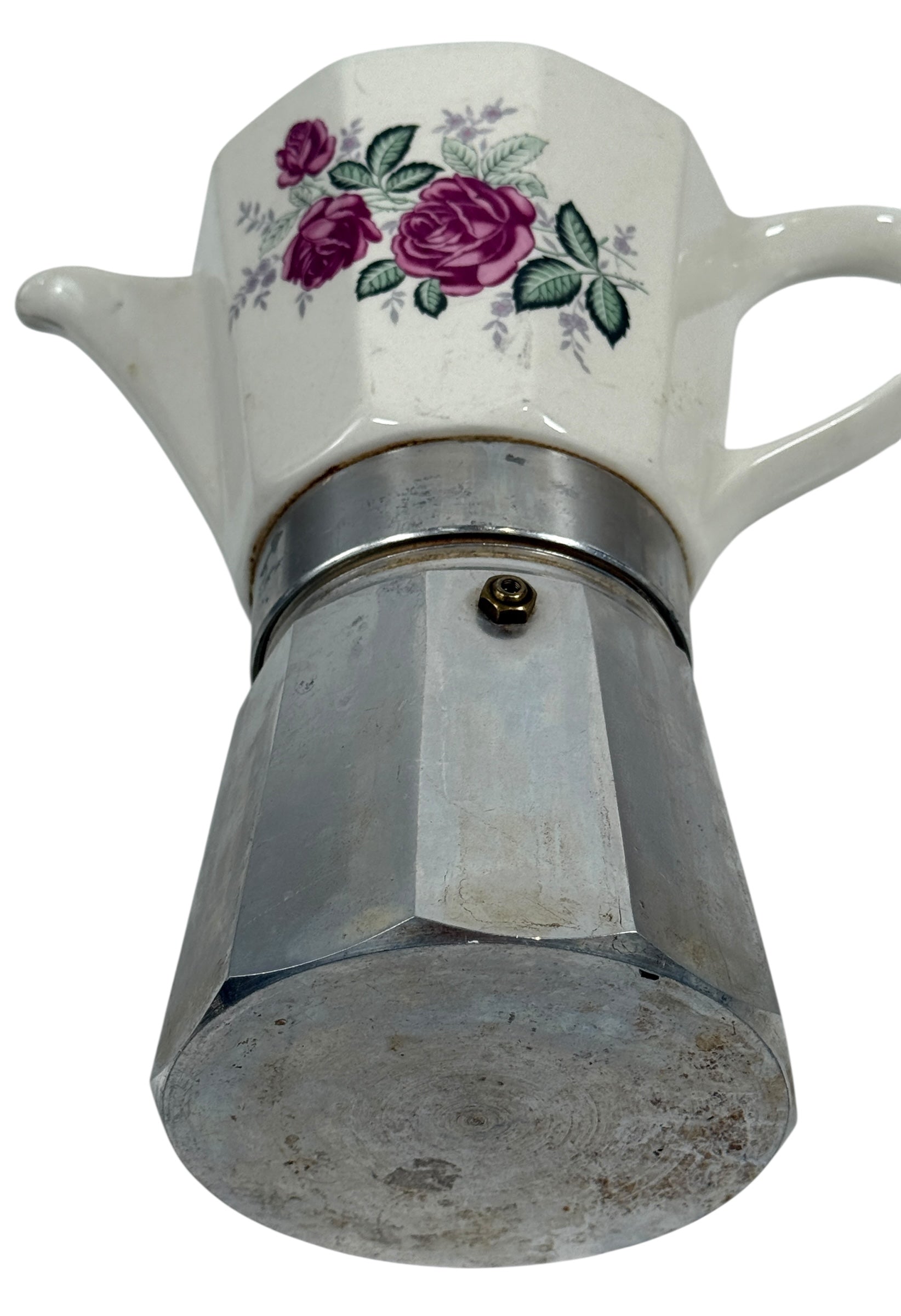 Cafetière italienne vintage avec couvercle en porcelaine et motif rose violette