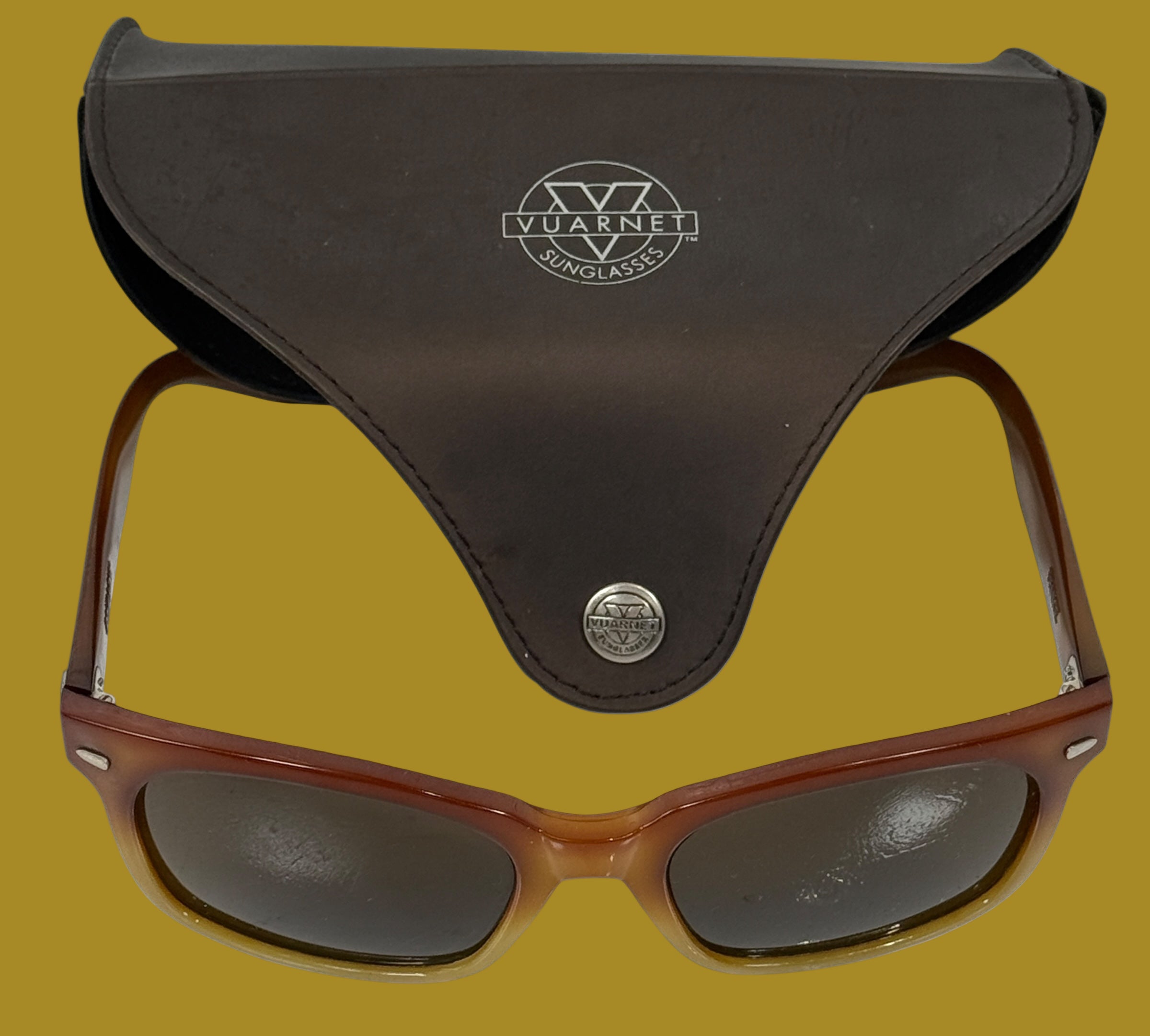 Vintage Pouilloux Sunglasses with Case – Amber Acetate Frame, P Logo Hinges, Made in France