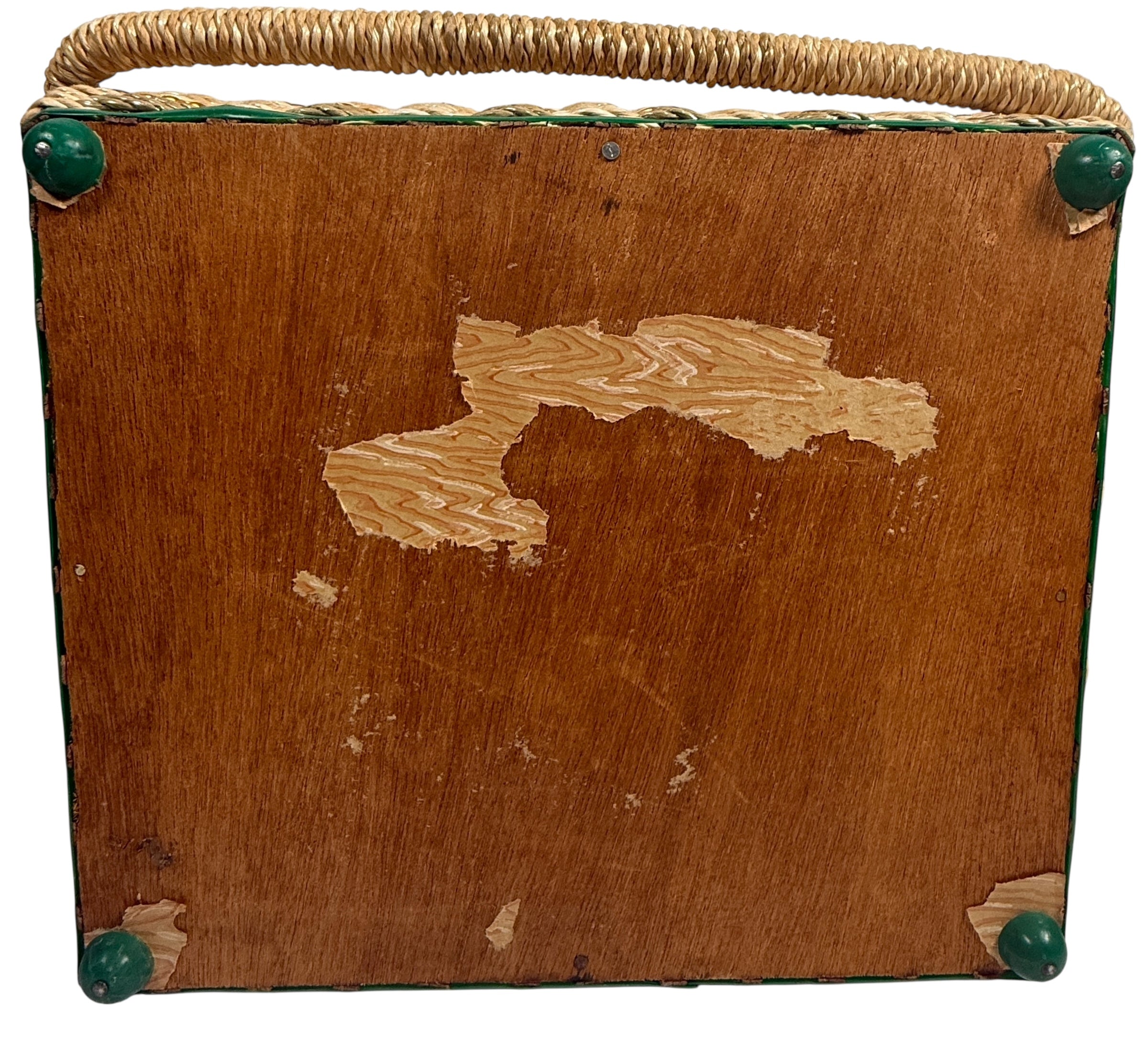 Vintage Mid-Century Woven Sewing Basket – Green Satin Lined Lid with Tufted Buttons