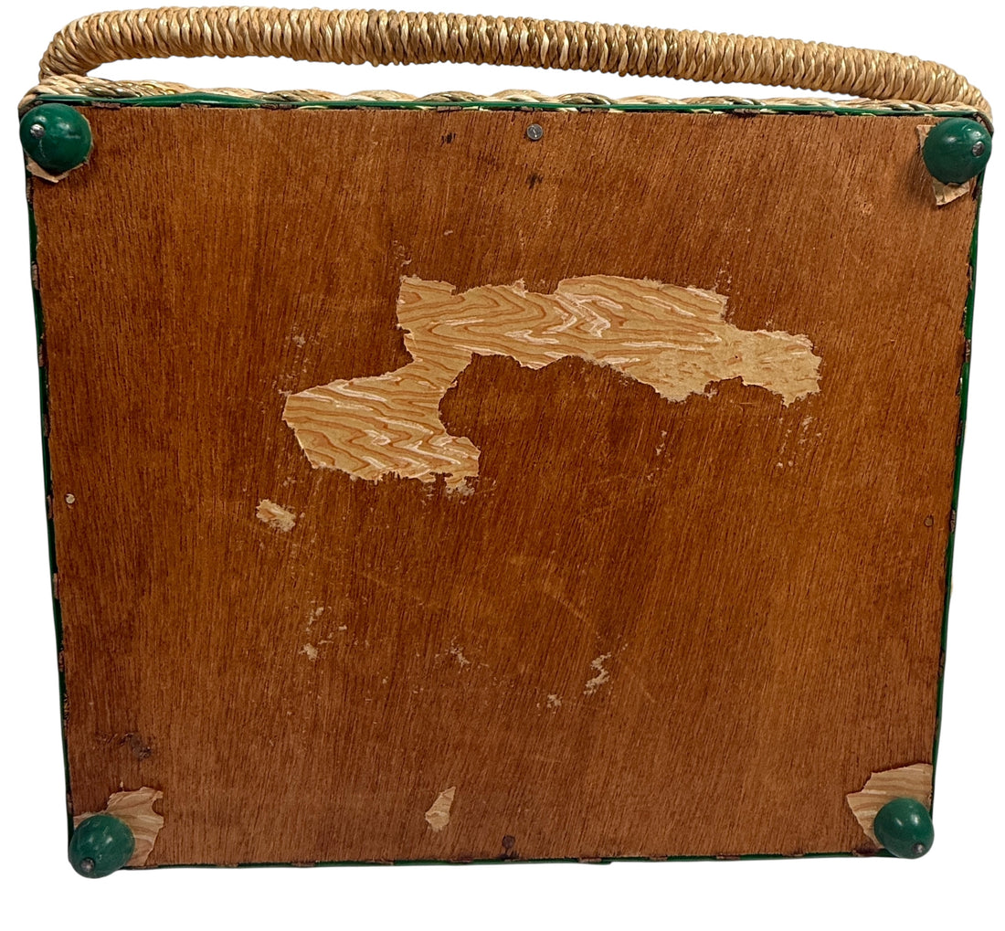 Vintage Mid-Century Woven Sewing Basket – Green Satin Lined Lid with Tufted Buttons