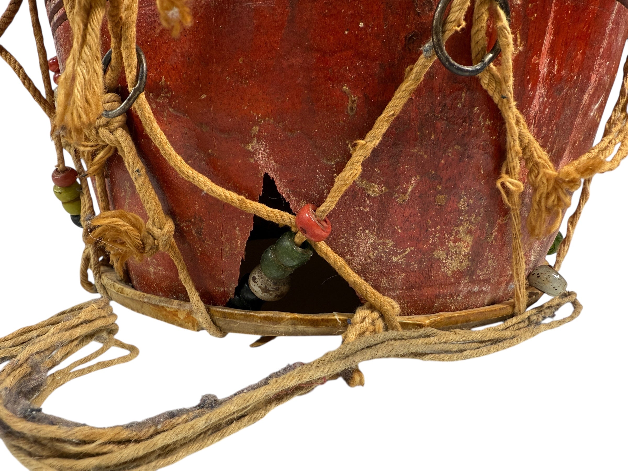 Vintage Handmade Indian Dholak Barrel Drum – Red Lacquer Finish, Rope-Tuned